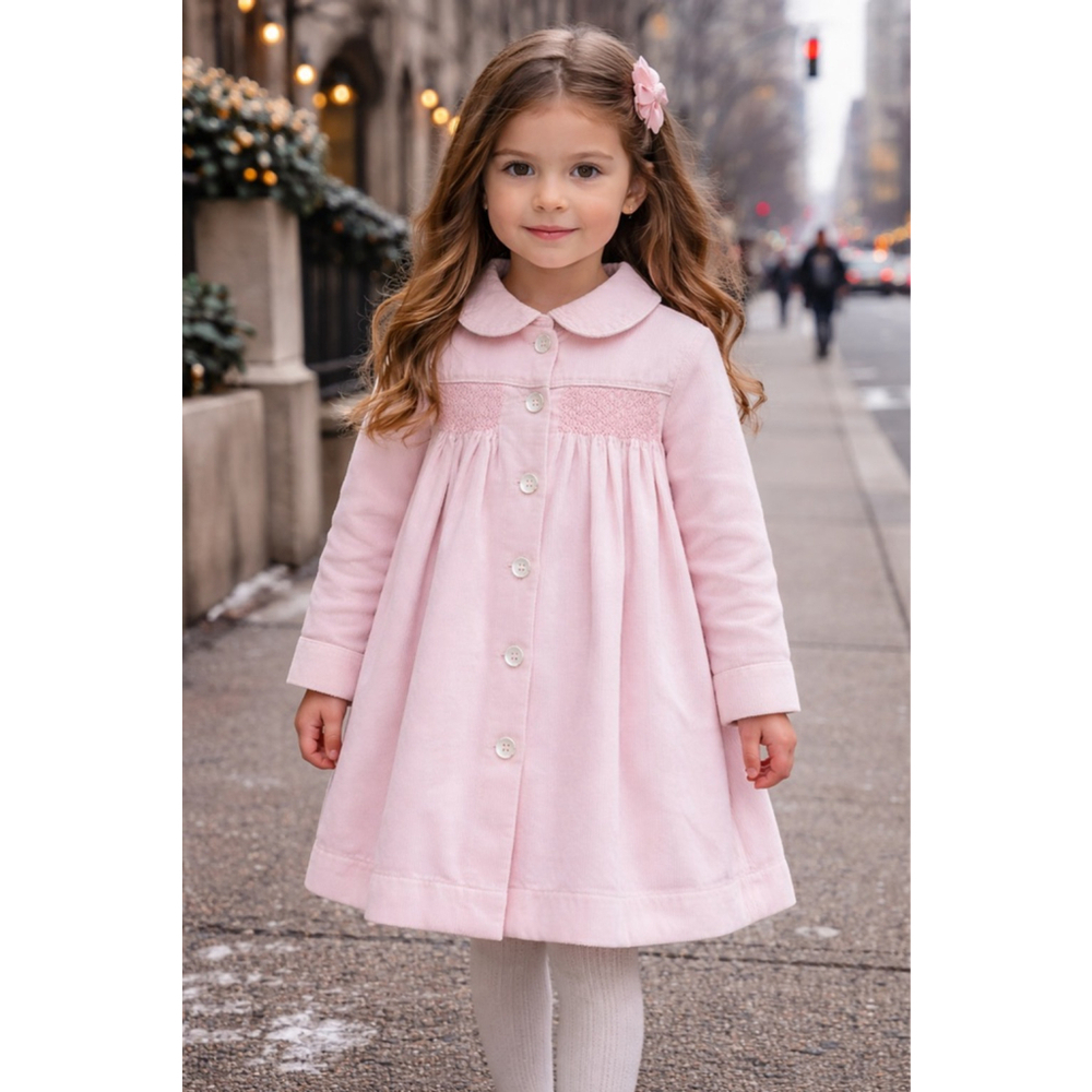 Kayce Hughes Pink Smocked Corduroy Dress Coat Vintage Heirloom 4 Quiet Luxury